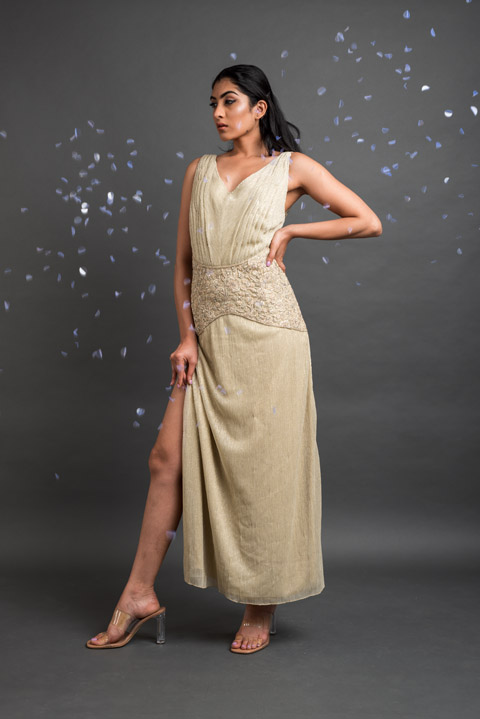 Pale Gold A Line Crinkled Gown