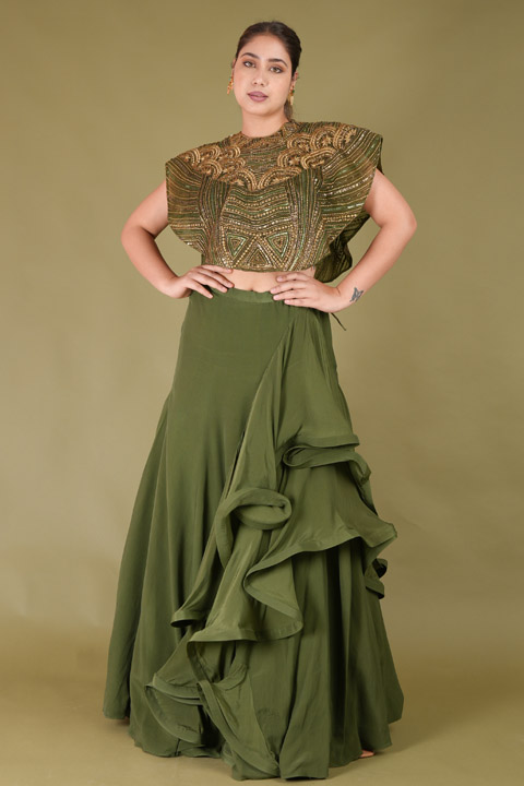 Embroidered Cape With Ruffled Lehenga