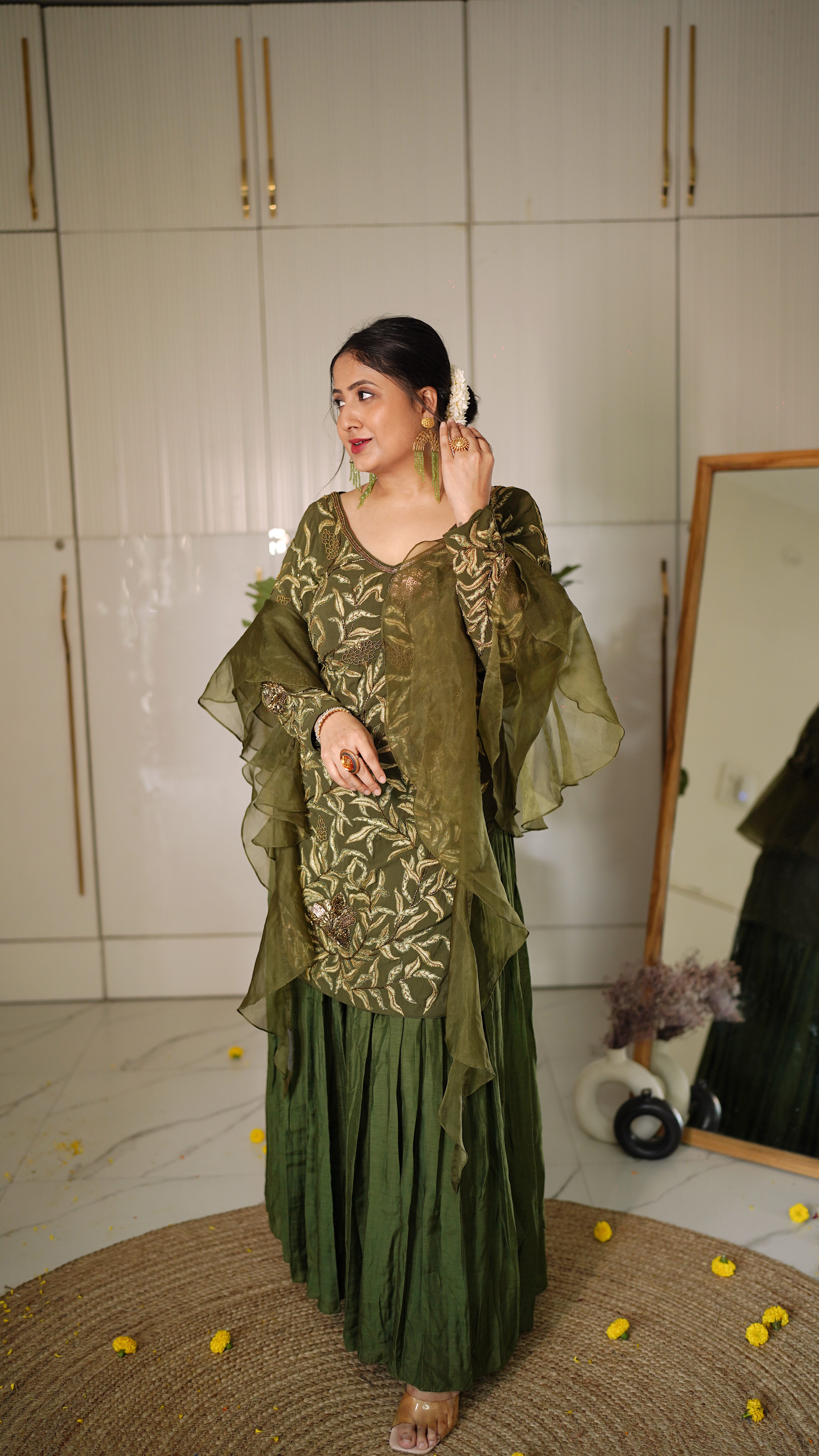 Green Embroiderd Wrinkled Sharara Set