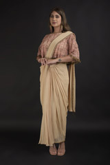Beige Hand Embroidered  Saree Gown_DTR1196