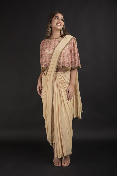 Beige Hand Embroidered  Saree Gown