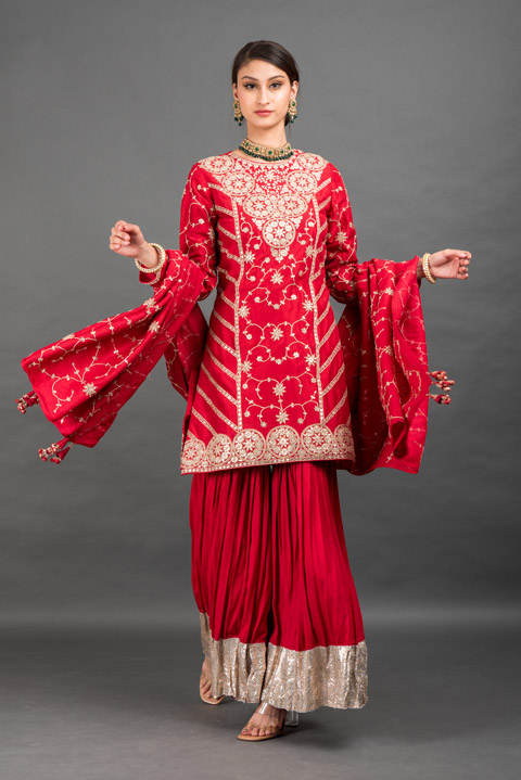 Red Embellished Sharara Set