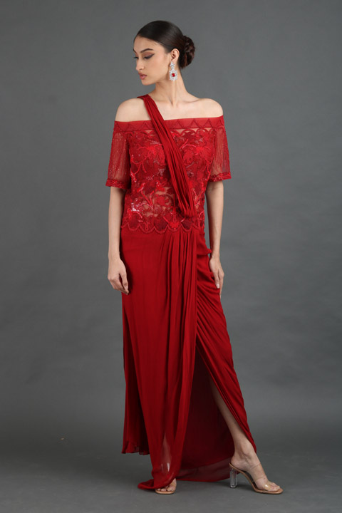 Red Off Shoulder Saree Gown
