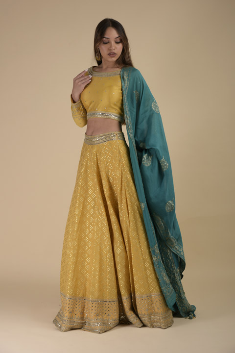 Yellow Mirror Embroidered Lehenga