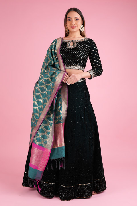 Black and Green Zari Mirror Embroidered Lehenga