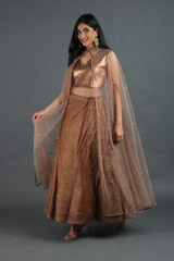 Brown Gajji Printed Silk Top Bottom Set