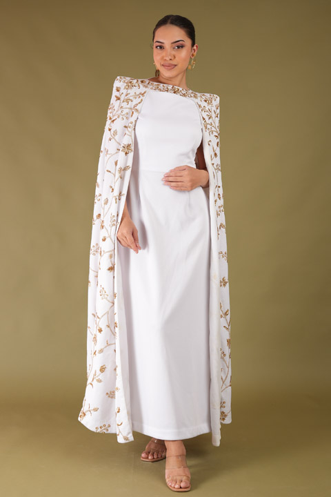 White Gown With Embroidered Cape