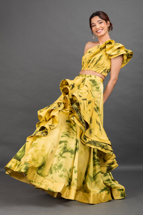 Yellow Ruffled Tie And Dye Top Bottom Set