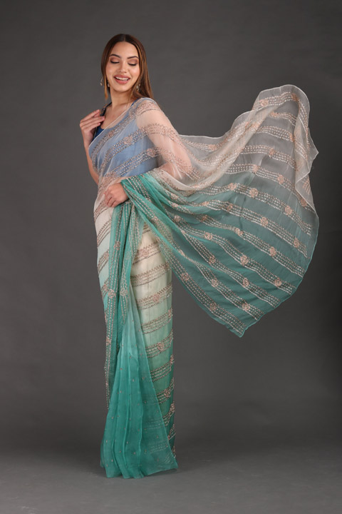 Blue Shaded Embroidered Saree