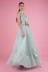 Blue One Tier Lehenga With Crop Top