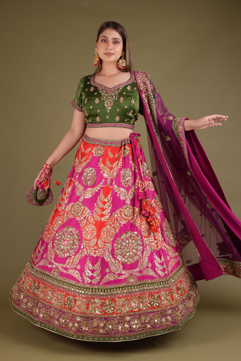 Green Blouse with Multicolour Lehenga