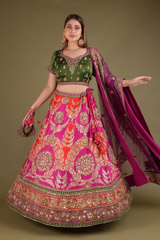 Green Blouse with Multicolour Lehenga