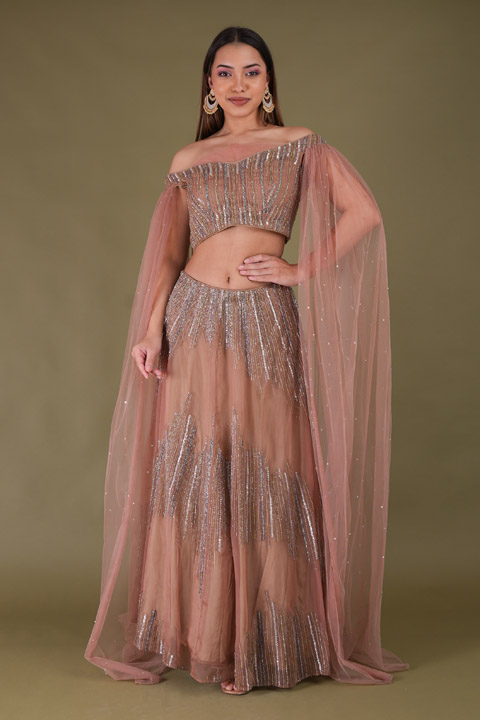 Peach Embellished Top Bottom Set