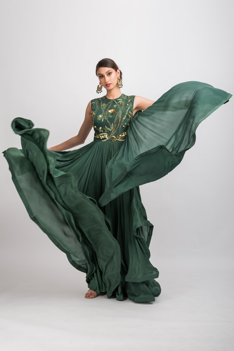 Green Layered Embroidered Gown