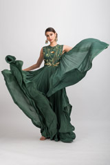 Green Layered Embroidered Gown