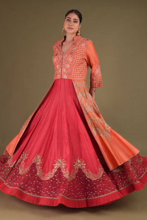 Coral Anarkali With Embroidered Jacket