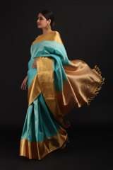 Blue Saree With Golden Border