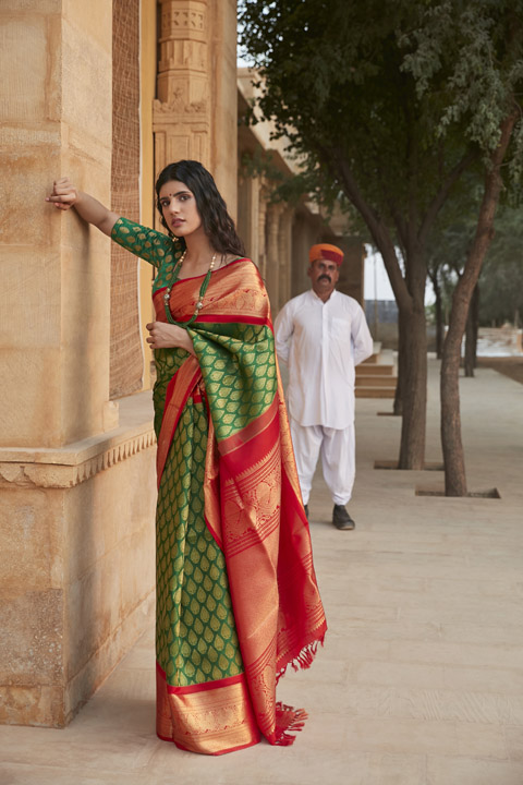 Dark Green Print Silk Saree