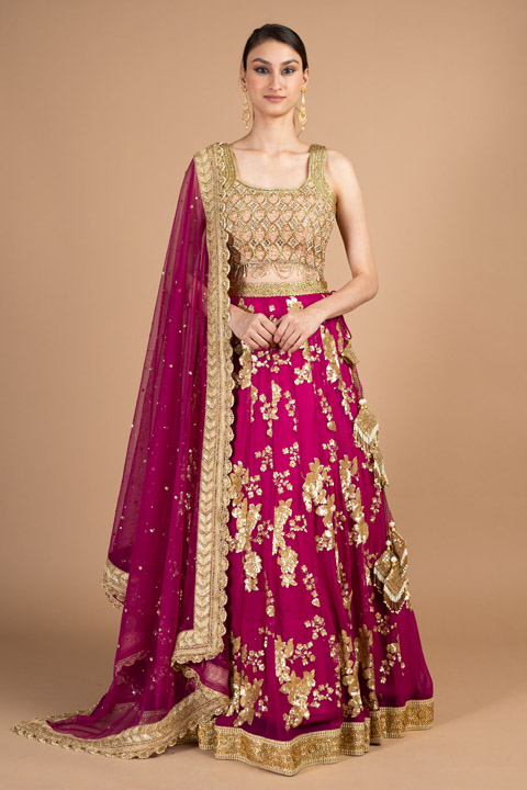 Gold Zardosi And Pearl Raw Silk Lehenga