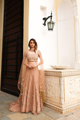 Beige Cold Shoulder Sleeve Lehenga