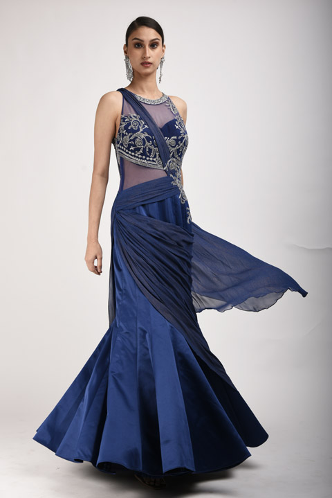 Navy Blue Embellished Saree Gown