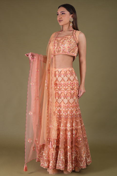 Orange Embellished Lehenga Set