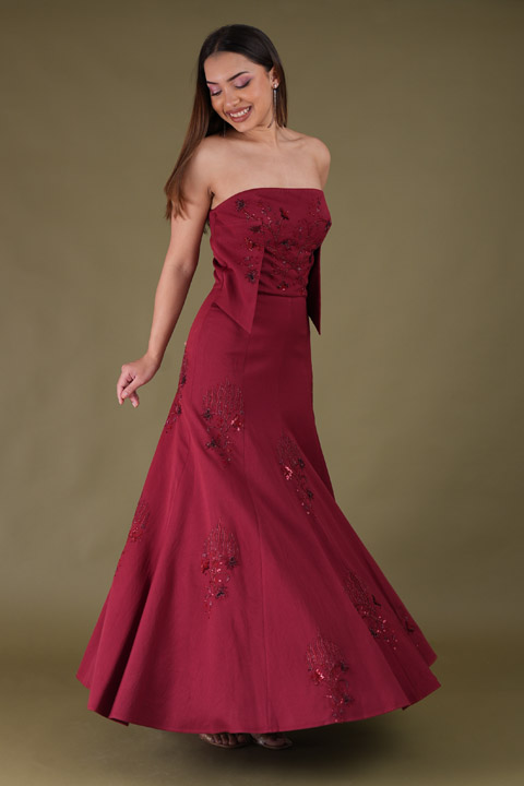 Maroon Off Shoulder Embroidered Gown