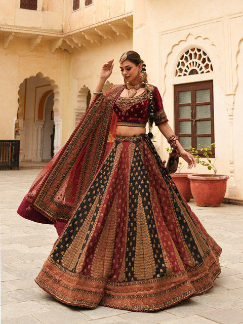 Red And Black Paneled Lehenga