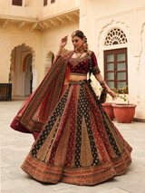 Red And Black Paneled Lehenga