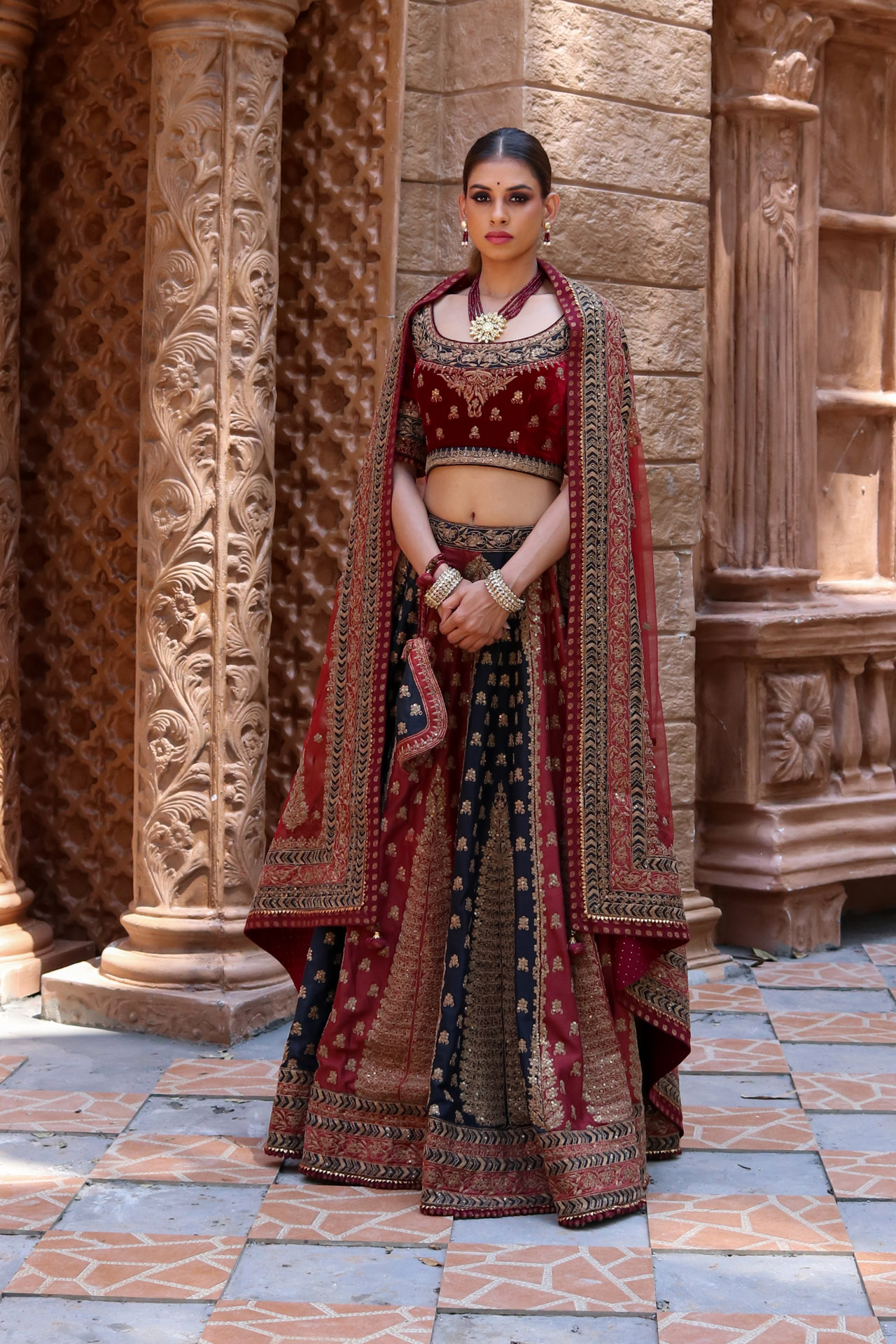 RED AND BLACK PANELED LEHENGA