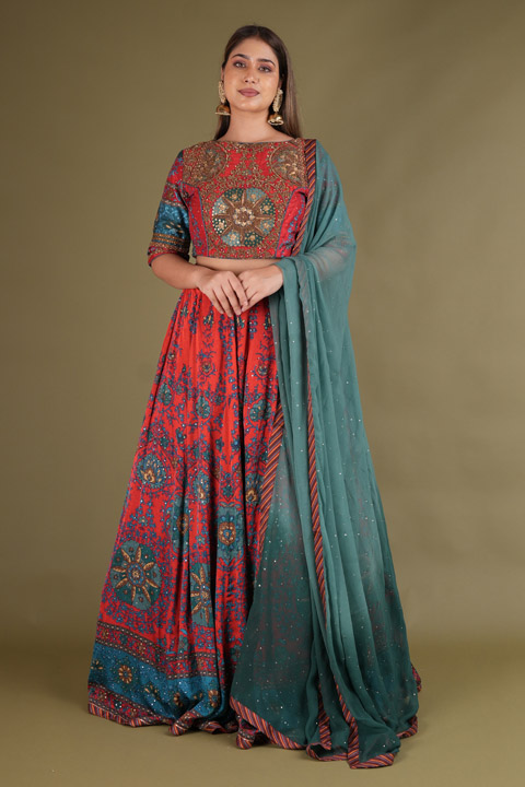 Pink And Blue Embellished Lehenga
