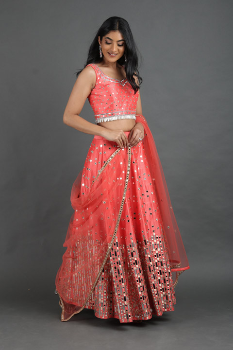 Coral Mirror Work Lehenga