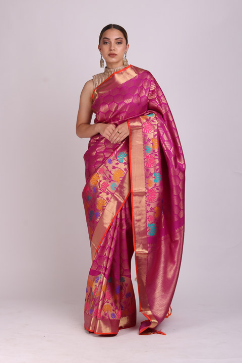 Pink Lotus Motif Silk Saree