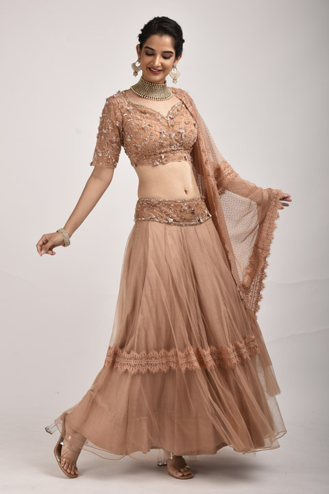 Peach Net Lehenga