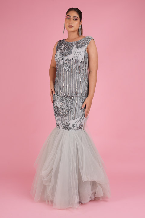 Hand Embroidered Net Draped Gown