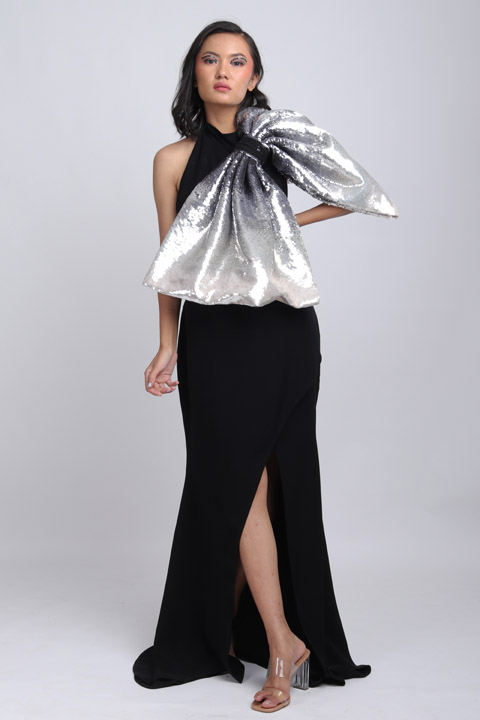 Side Slit Gown With  Big Sequin Bow