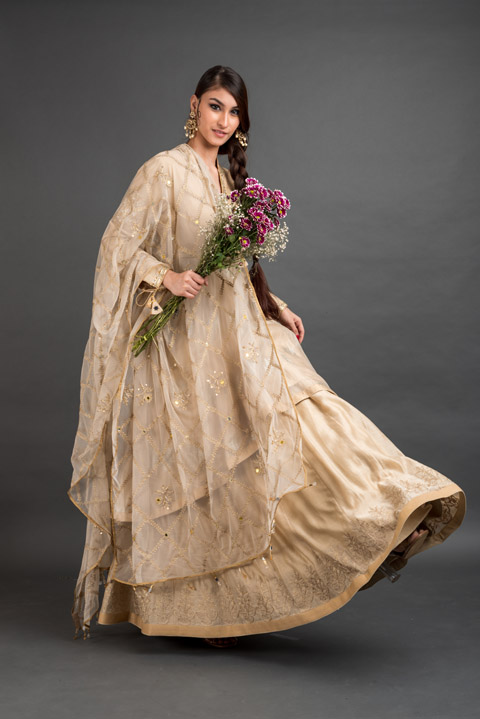 Cream Chanderi Lehenga Set
