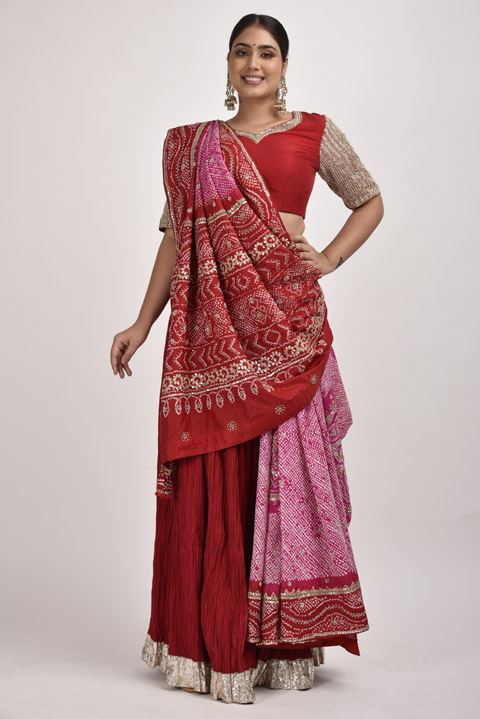 Red And Pink Bandhani Lehenga Saree