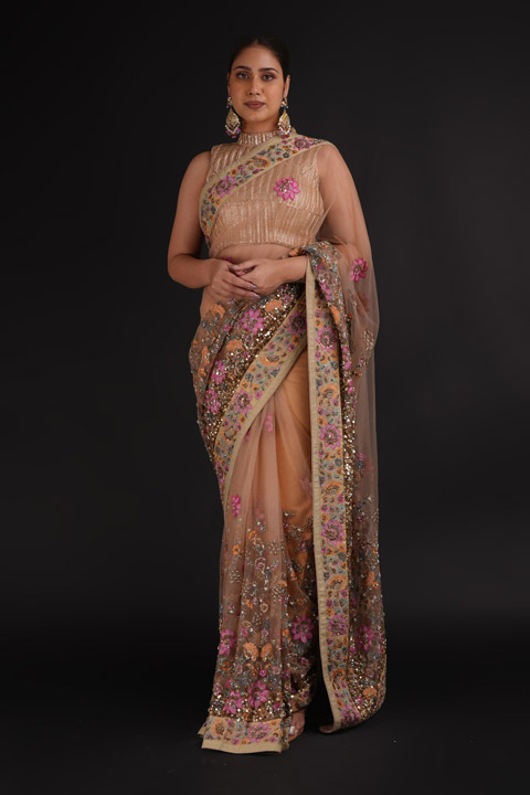 Beige Embellished Saree Set