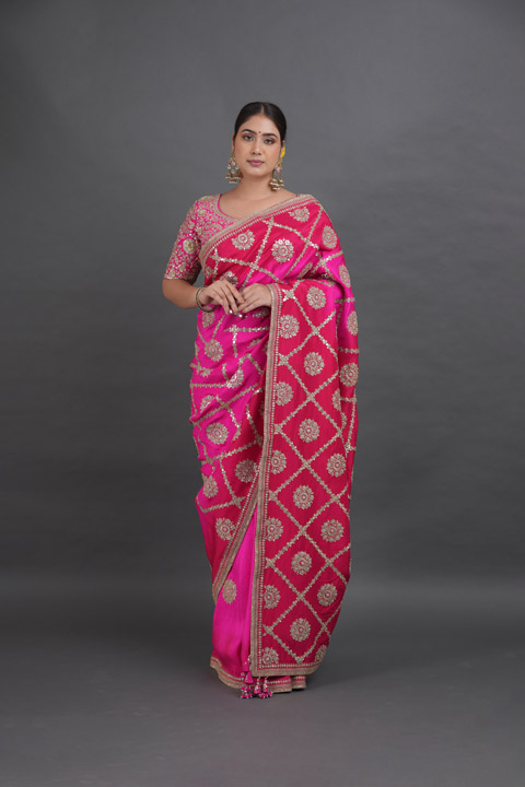 Red And Pink Bandhani Saree