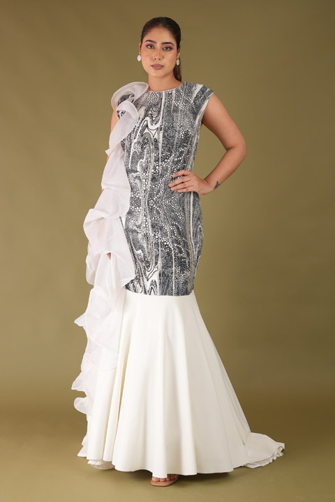 Ruffled Printed Trail Gown