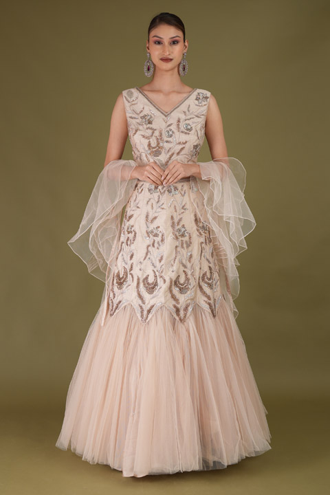 Beige Embroidered Ruffle Lehenga Set