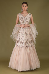 Beige Embroidered Ruffle Lehenga Set