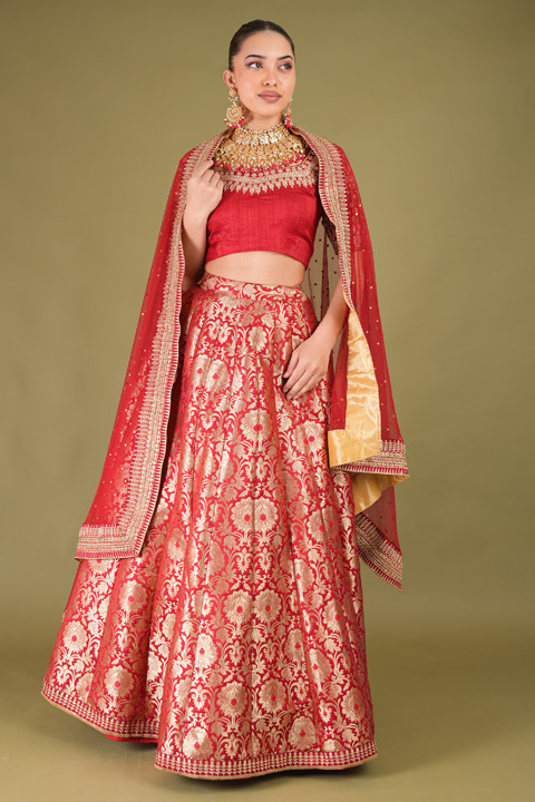 Auburn Red Banarasi Lehenga