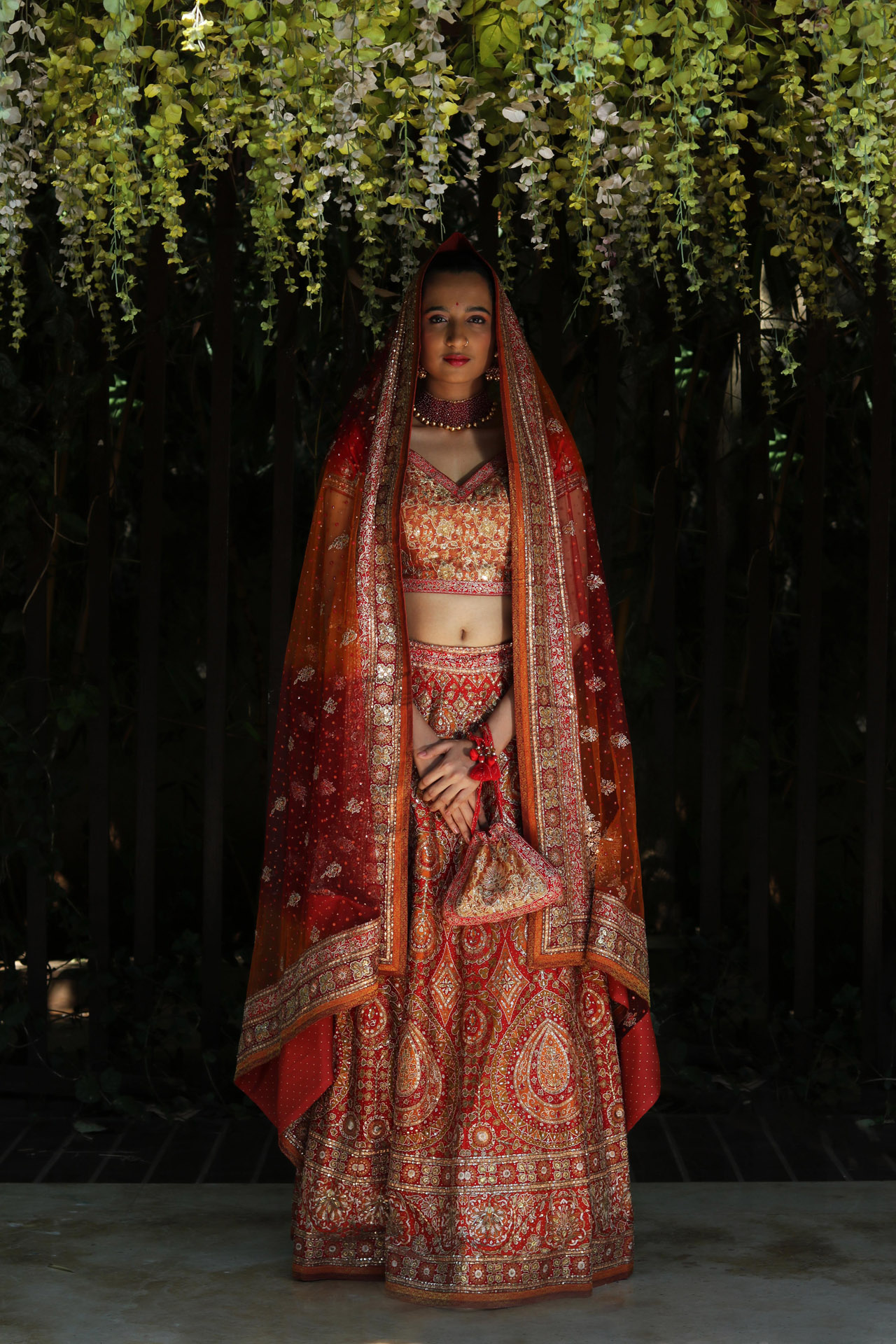 MAROON AND ORANGE EMBELLISHED LEHENGA