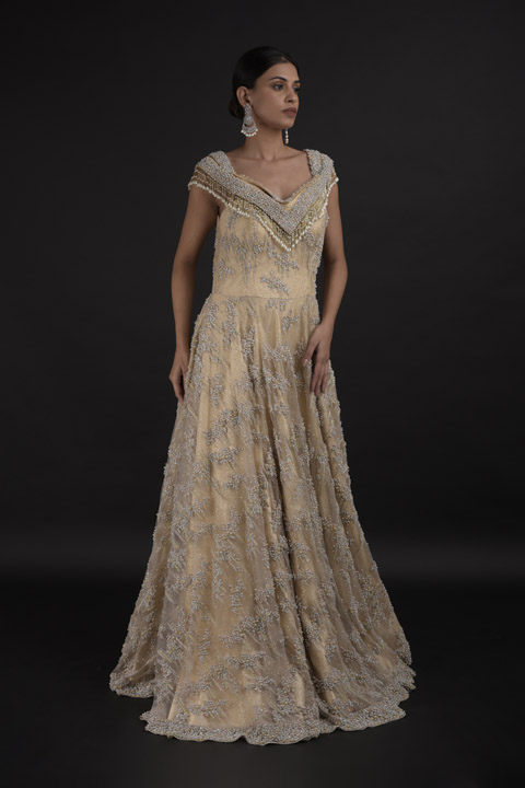 Beige Off Shoulder Gown