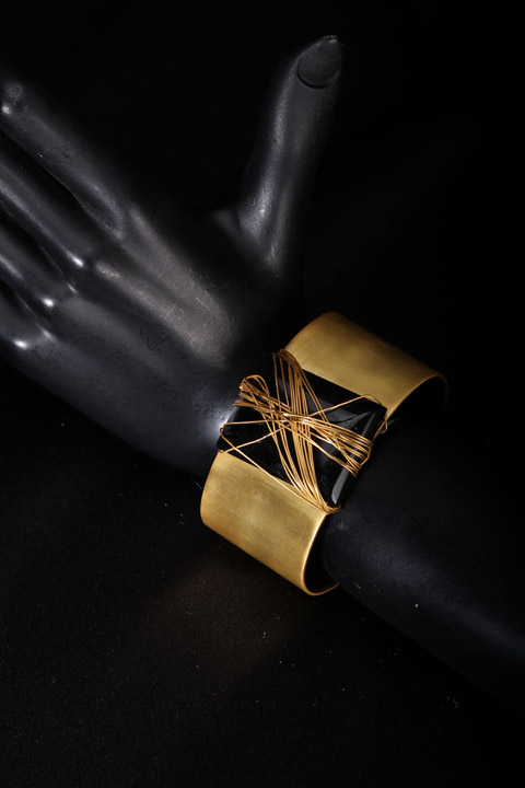 Gold Plated Black Square Stone Open Cuff