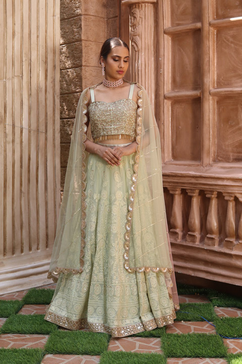 Pista Green Lucknowi Lehenga