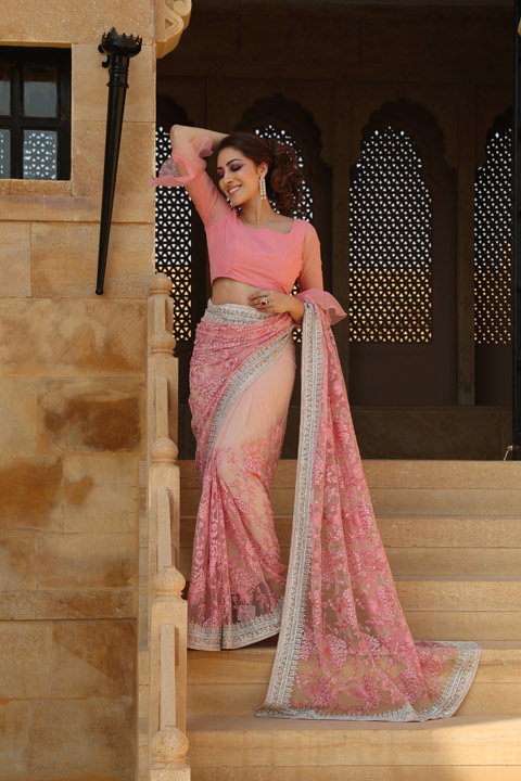 Pink and Gold Embroidered Saree