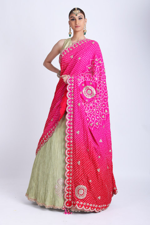Green And Pink Bandhani Lehenga Saree